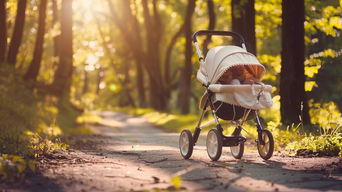 Poussette moderne dans un parc avec un bébé confortablement installé