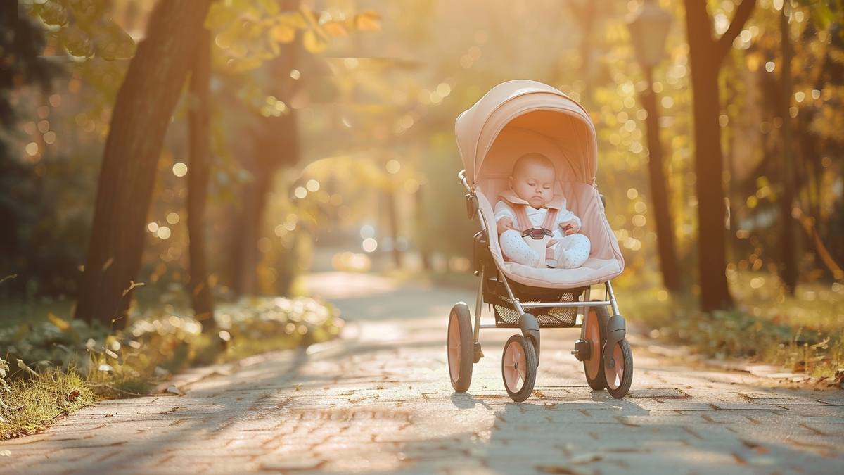 Poussette équipée avec accessoires dans une allée ensoleillée