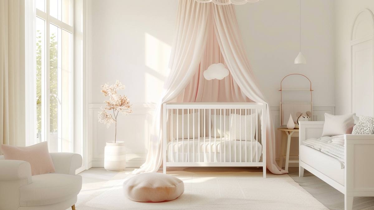 Berceau en bois naturel dans une chambre de bébé lumineuse et épurée
