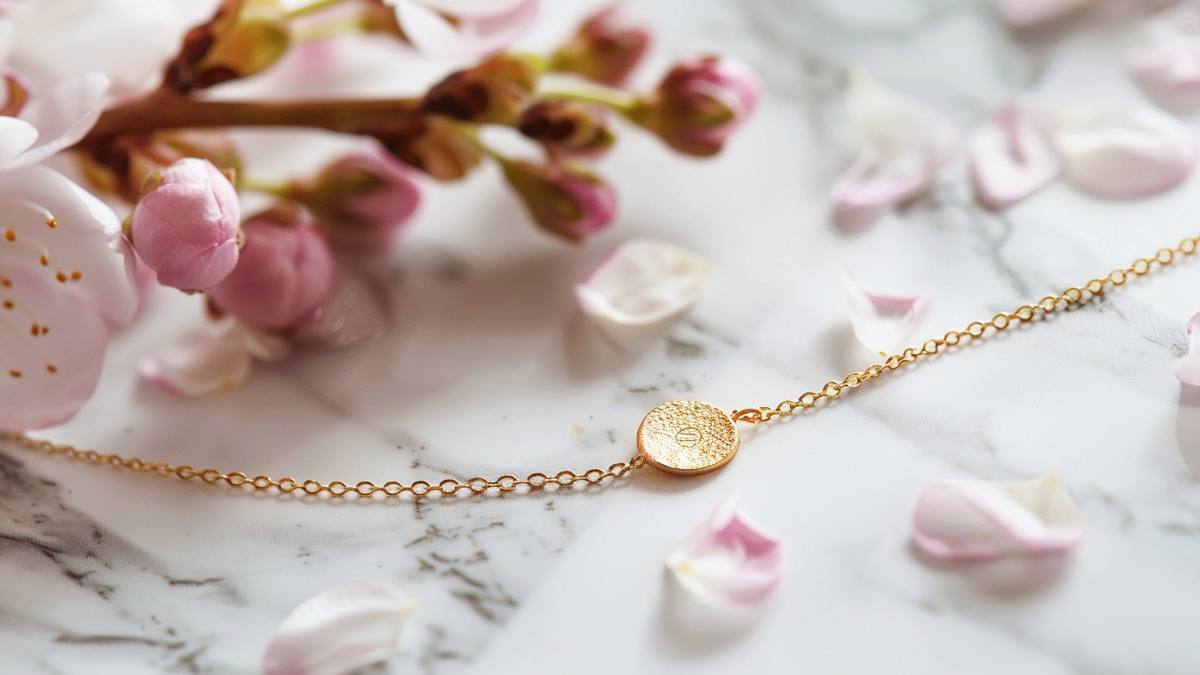 Bracelet délicat en or avec pastille gravée posé sur un tissu doux