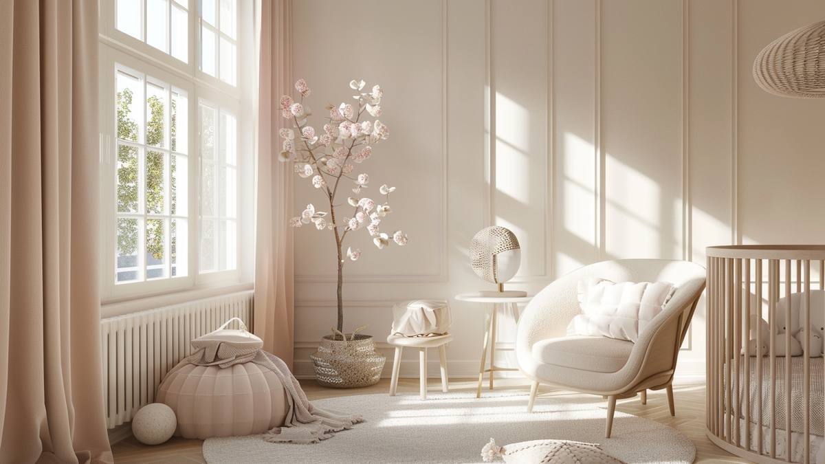 Bébé assis dans une chaise haute blanche dans une cuisine lumineuse