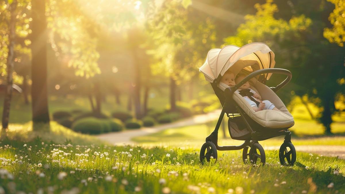 Poussette compacte avec siège auto intégré sur un trottoir urbain