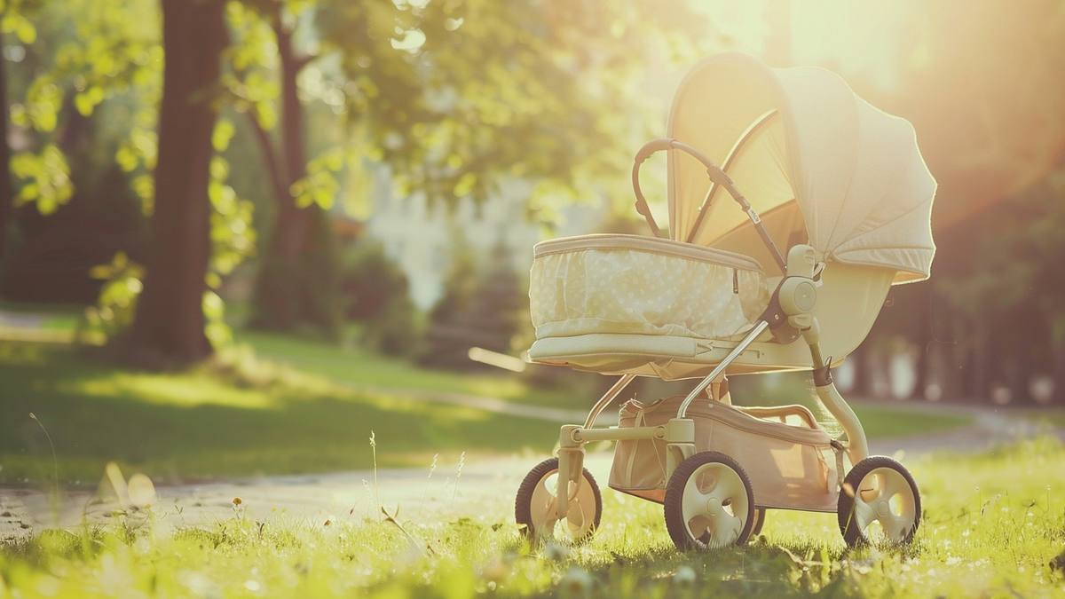 Poussette bébé pliée dans un parc avec verdure en arrière-plan