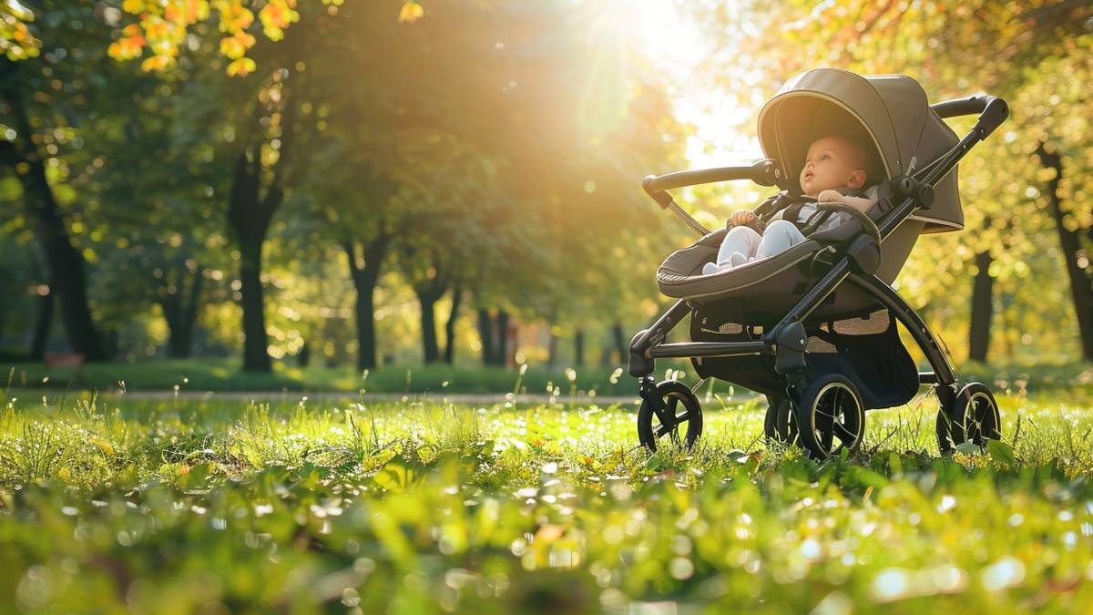 Poussette canne compacte pliée posée contre un mur dans un hall d'entrée