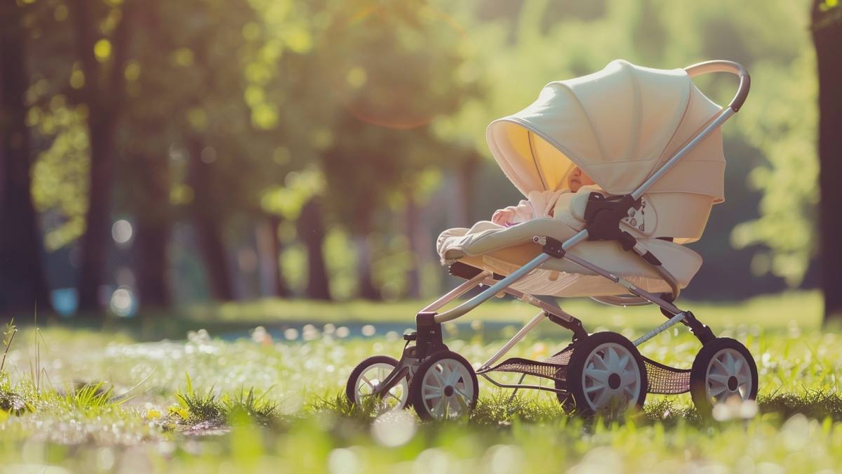 Poussette pliée dans un couloir d'entrée avec un sac à langer posé à côté