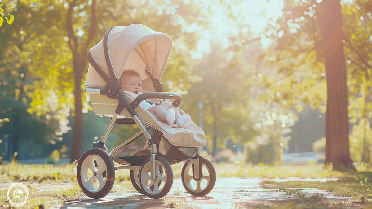 Poussette italienne haut de gamme dans une allée de parc verdoyant