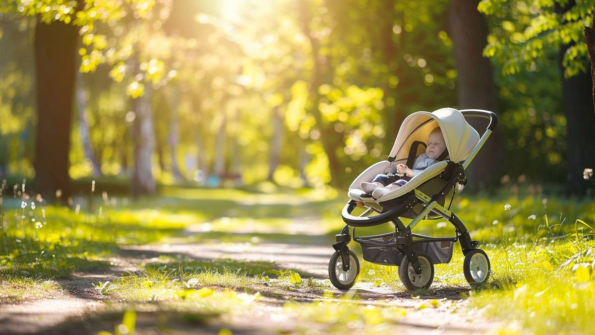 Poussette Jané dans un parc urbain avec un bébé installé confortablement
