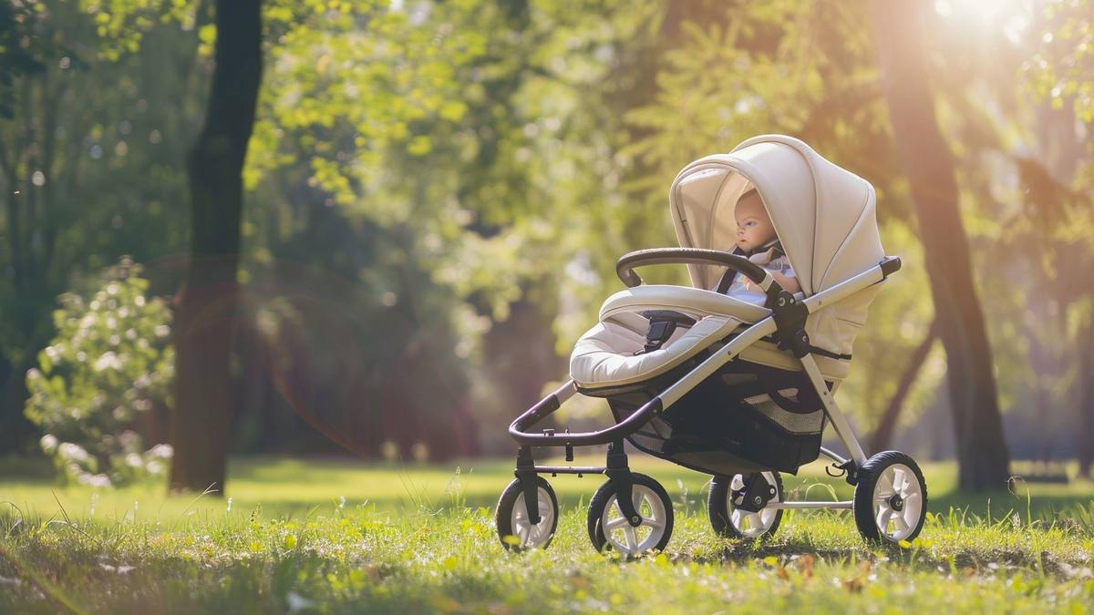 Poussette bébé dans un parc avec accessoire de bercement automatique fixé sur la poignée