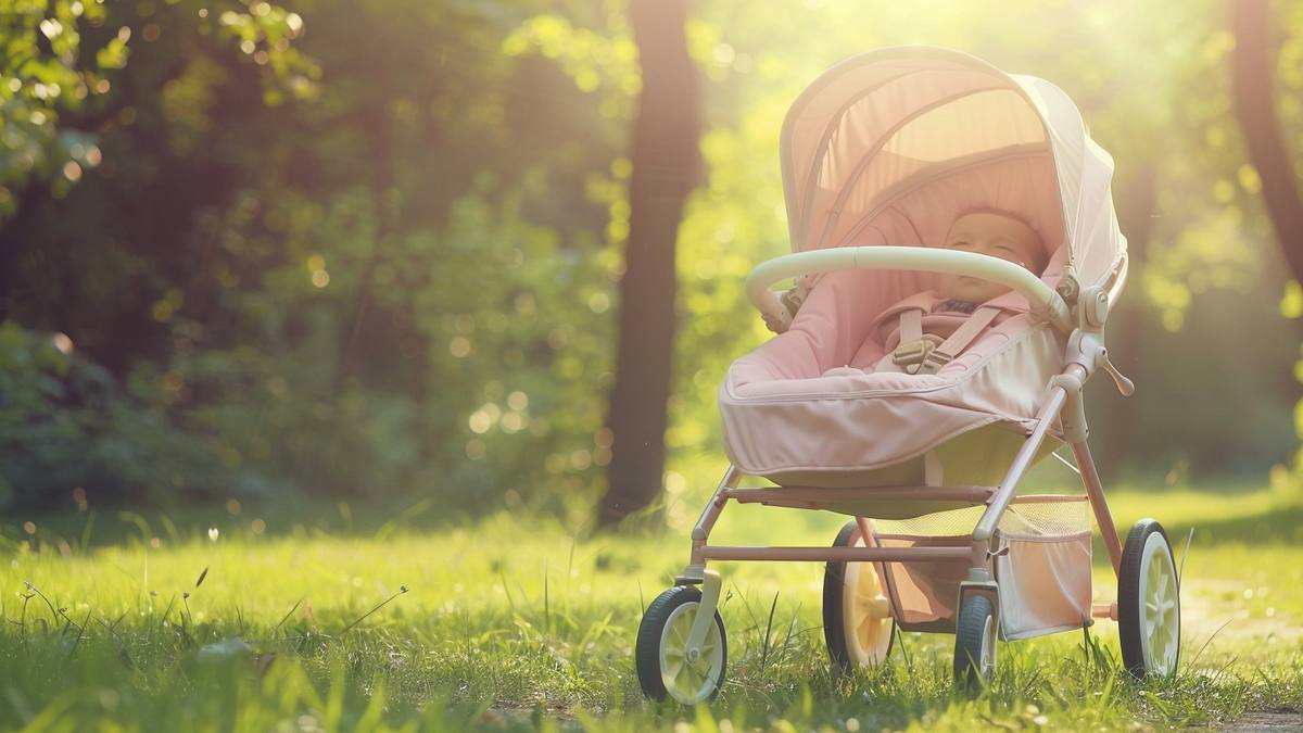 Poussette sportive à grandes roues sur un chemin de parc verdoyant