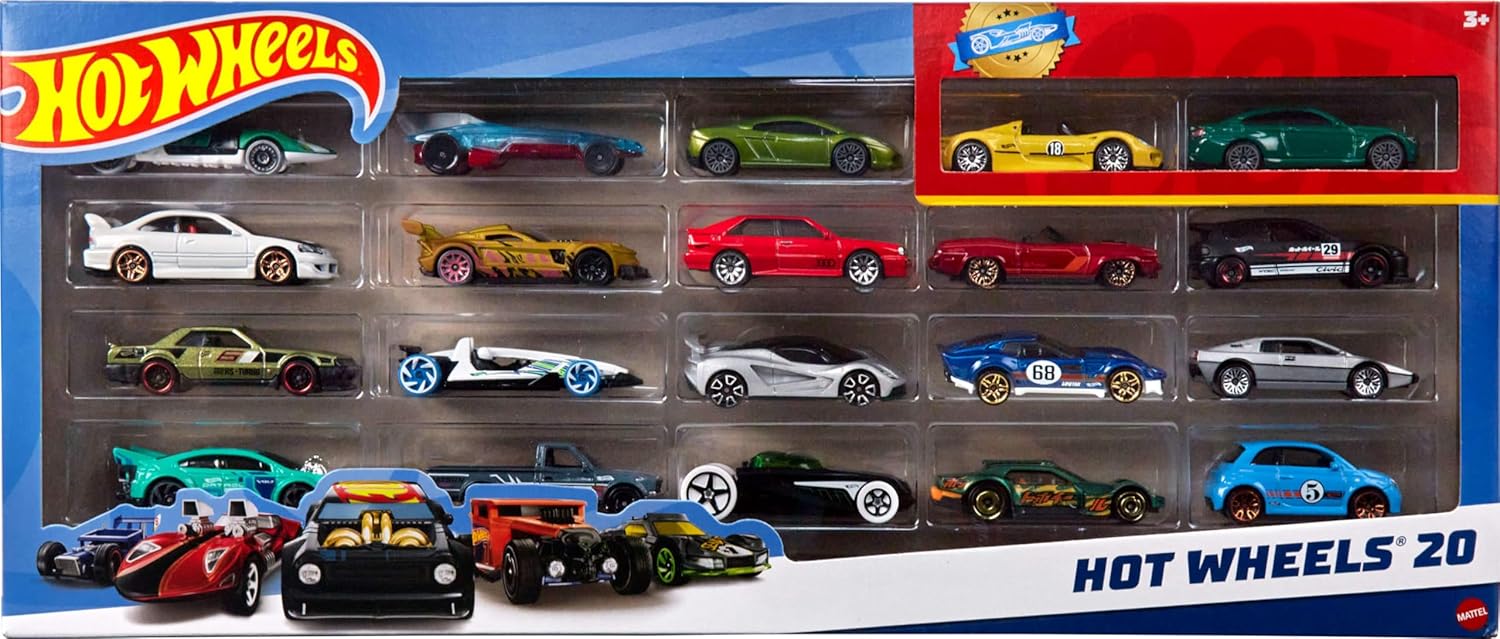 Hot Wheels Coffret 20 Véhicules — Petites Voitures Miniatures 1:64, Modèles Variés, Cadeau Enfant